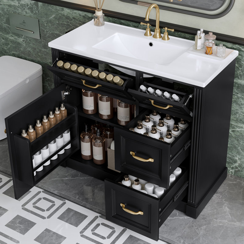 Meuble-lavabo moderne avec lavabo, tiroirs à fermeture en douceur, tablette réglable et lavabo en céramique pour un rangement efficace et une organisation élégante