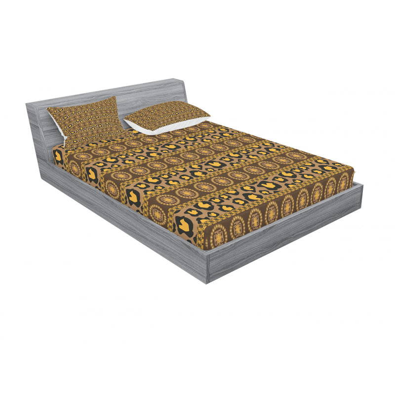 Ensemble de draps Ornament, Ensemble de draps pour lit double + un drap-housse, Brun / jaune, motif floral 2