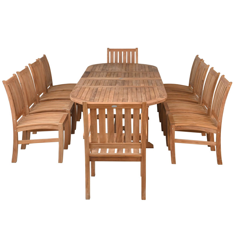 Ensemble de salle à manger d'extérieur en bois de teck 11 pièces 11 pièces avec table à rallonge ovale double et 10 chaises d'appoint Abaco