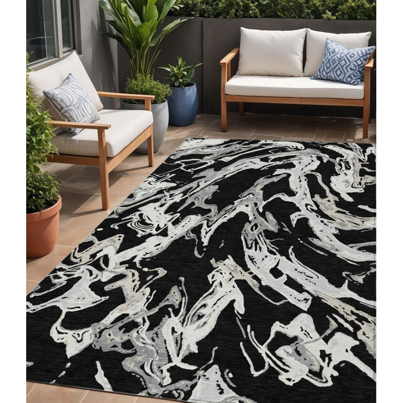 Tapis extérieur lavable abstrait noir et gris 5 pi x 8 pi