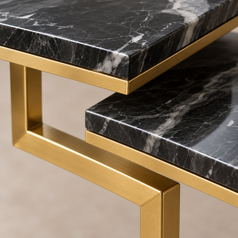 Ensemble de 2 tables gigognes carrées en forme de C avec plateaux en marbre noir et pattes dorées