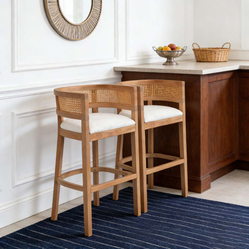 Wood And Rattan Upholstered Arm Bar Stools, Beige,Natural,Oak