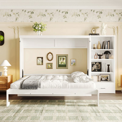 Queen Size Murphy Bed with Height Adjustable Storage Compartments and Shelf, Wall Bed Frame With 1 Drawer, Multifunctional Foldable Platform Bed for Small Space,Bedroom,Guest Room
