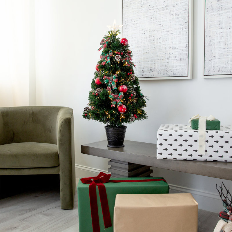 Arbre de Noël artificiel pré-éclairé à fibre optique pré-éclairé avec jardinière Cosmopolitan, 3'