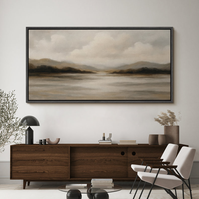Large Framed Canvas Print Wall Art - Neutral Abstract Landscape Print for Minimalist Modern Wall Decor, Black, 30" H x 60" W
