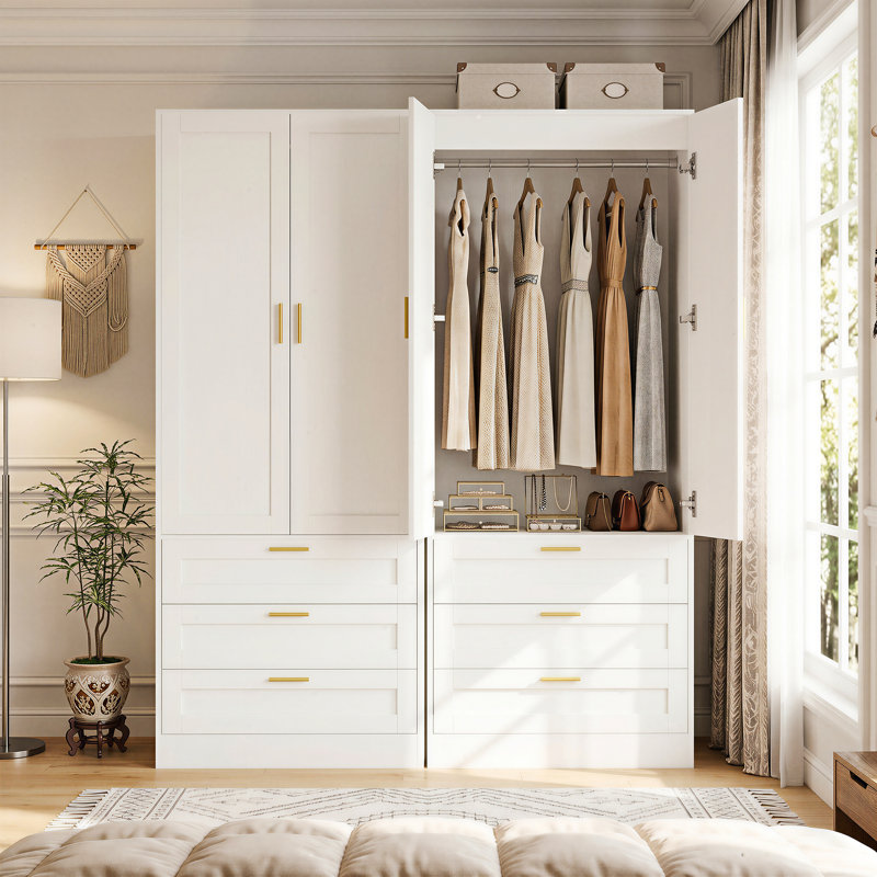 Système de rangement pour garde-robe de 140 cm × 173 cm avec 6 tiroirs, armoire avec portes et tringle., Blanc / Doré