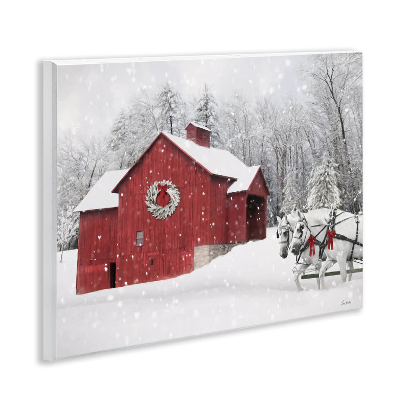 Snow Covered Red Barn Canvas Wall Art by Lori Deiter