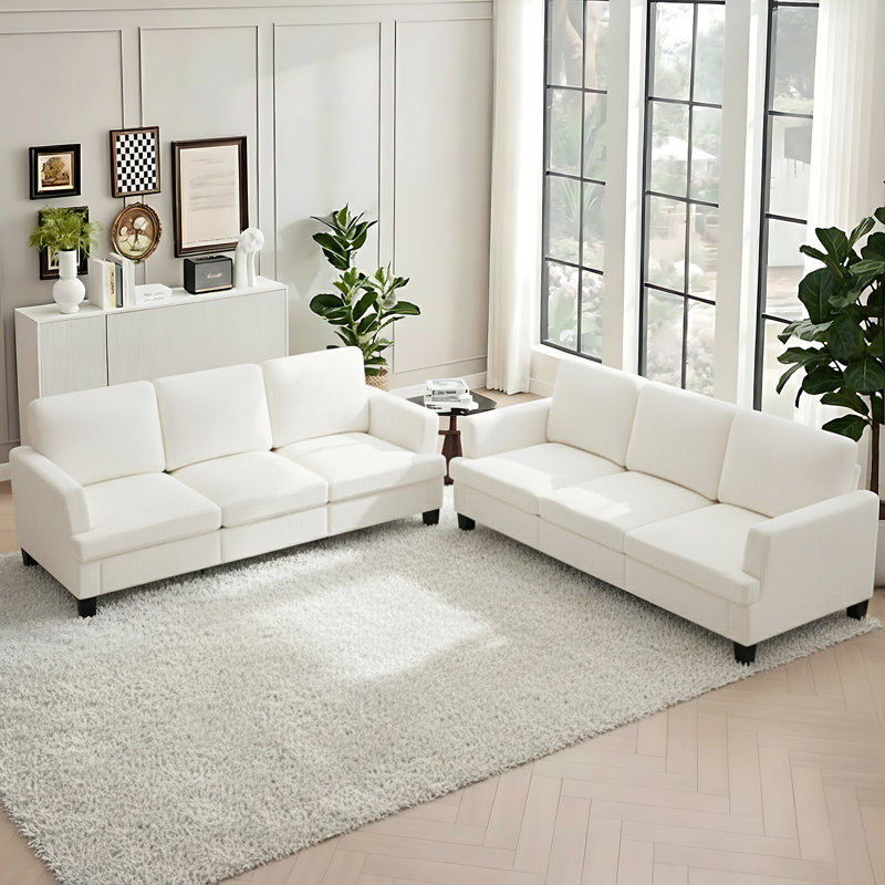 84'' Corduroy Upholstered 3-Seater Sofa Set of 2, White Corduroy