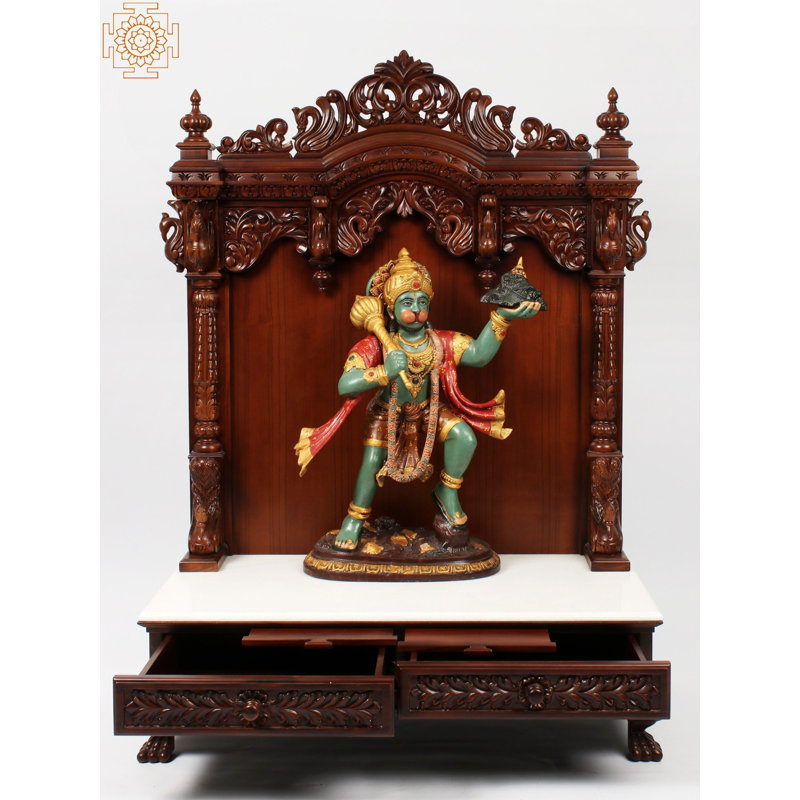 Grand temple en bois Puja Mandir de 52 pouces avec plateforme en marbre et tiroirs doubles
