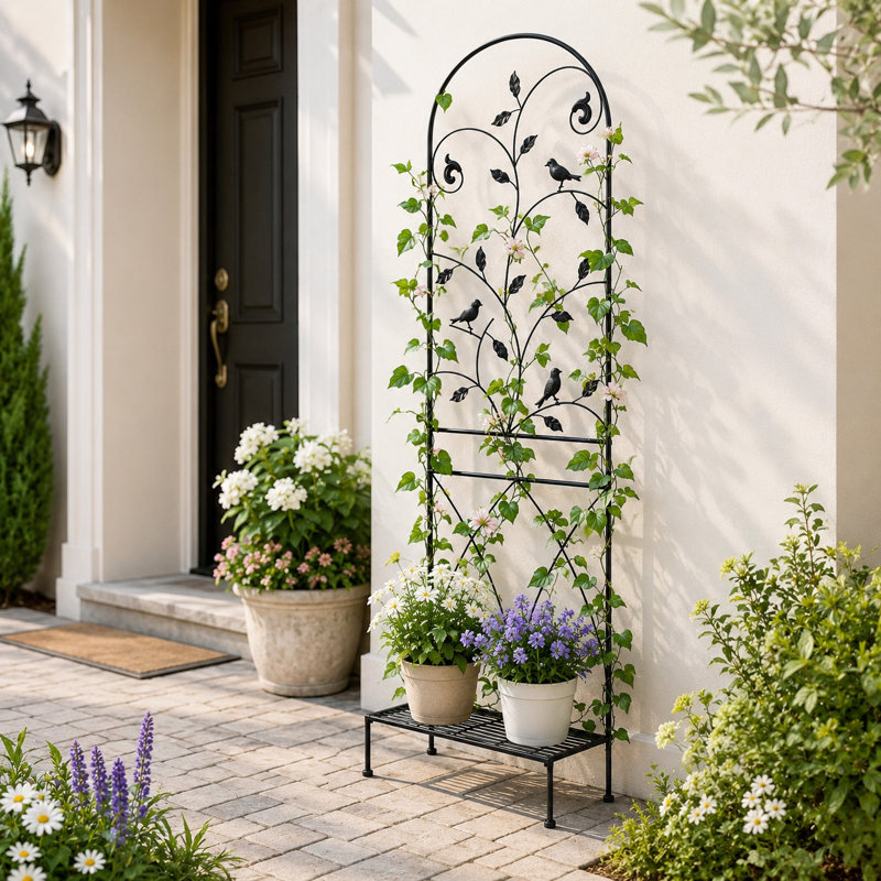 Treillis de jardin 71 po en métal noir avec support à plantes pour plantes grimpantes
