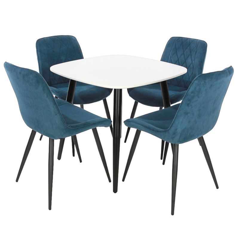 Aspen 5-Piece Casual Dining Set - Square Dining Table & Four Upholstered Diamond Fabric Chairs, Blue, White