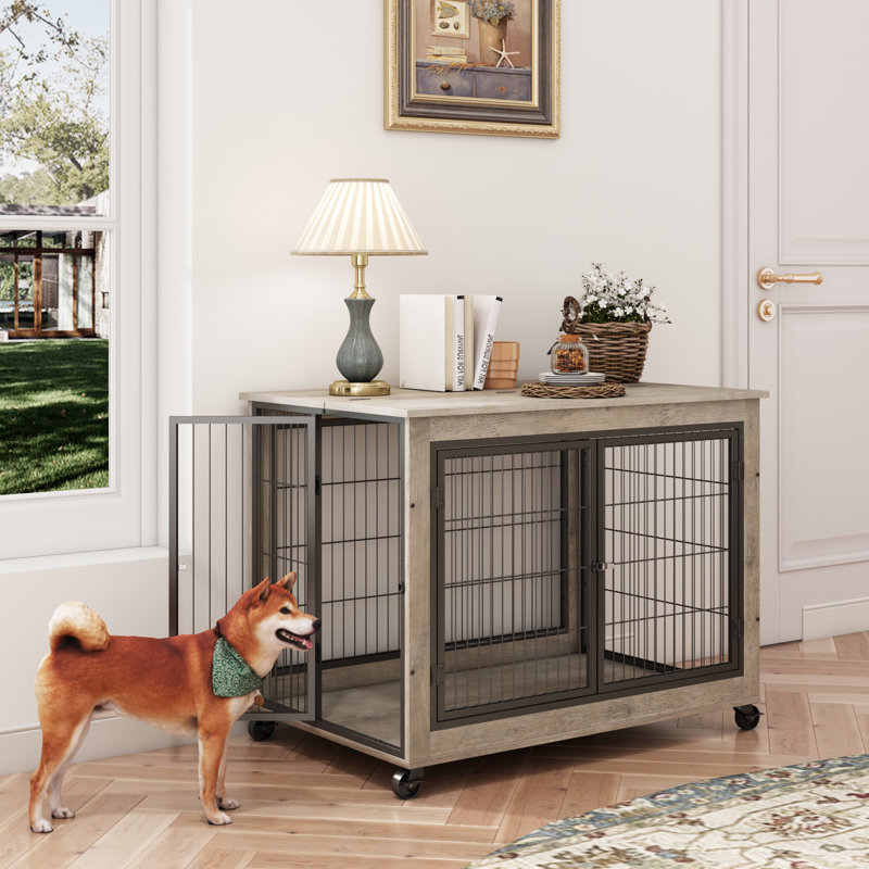 Table d'appoint pour meuble pour chien avec roulettes, portes doubles et plateau relevable gris (l 38,58 po x P 25,5 po x H 27,36 po)