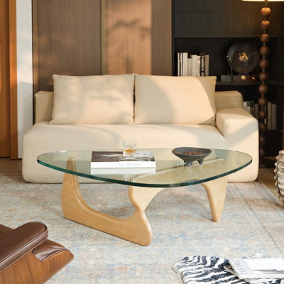 50.9 " Triangle Glass Top Coffee Table with Solid Wood Base and Thickened Tempered Glass – Modern Living Room Accent Table