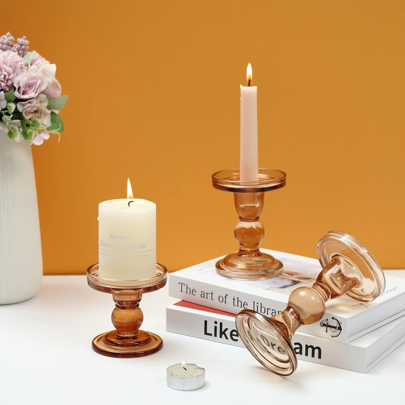 Ensemble de 3 porte-bougies en verre transparent, bougeoirs en ambre, chandelles à pilier, chandelle, support à bougie pour les centres de mariage, décorations pour la maison, table de salle à manger