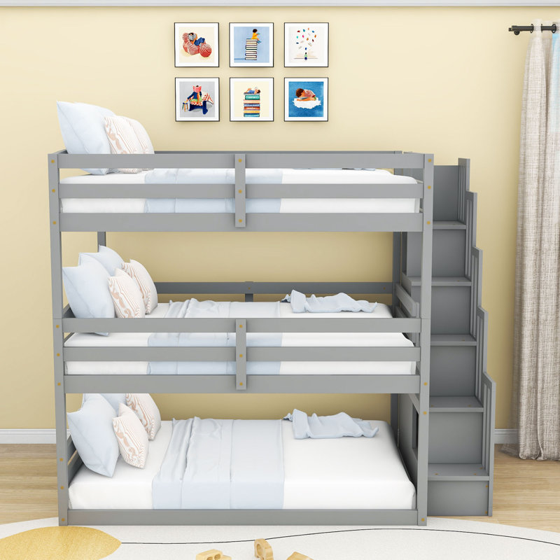 Lit superposé en bois avec escalier de rangement, gris
