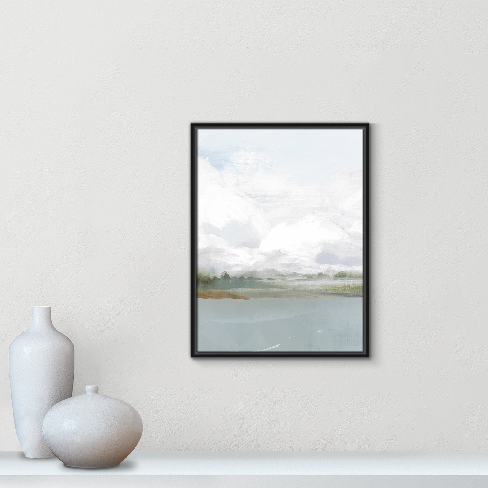All Shore Watercolor Canvas Painting Print with Wood Floater Frame , 25.5" H x 19.5" W, Black