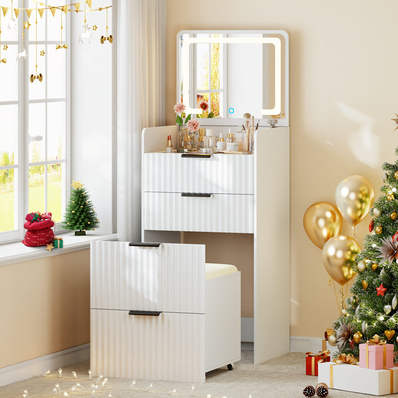 Compact Vanity Desk With Flip-up Led Mirror, Glass Drawer, And Hidden Stool Storage, White