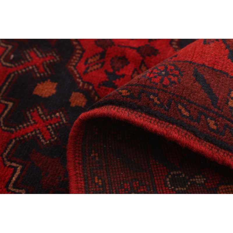 Tapis décoratif rouge/bleu marine en laine de conception unique 4 pi 11 po x 6 pi 6 po Devontae noué à la main New Age