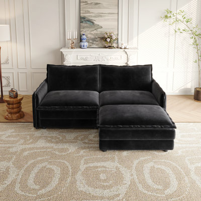 Canapé en tissu avec causeuse en velours côtelé avec 1 repose-pieds pour le salon, canapé modulaire en L 2 places avec repose-pieds, canapé rembourré à 2 places de grande taille avec 2 coussins