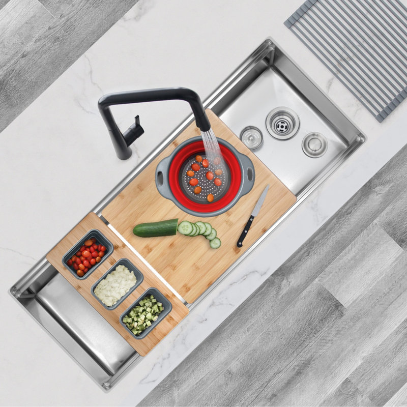 STYLISH 45 inch Ledge Workstation Single Bowl Undermount 16G Kitchen Sink with Built in Accessories