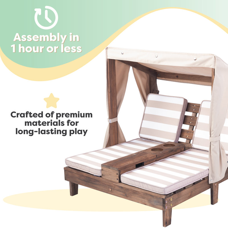 Kids' Wooden Outdoor Double Chaise Lounger with Cup Holders