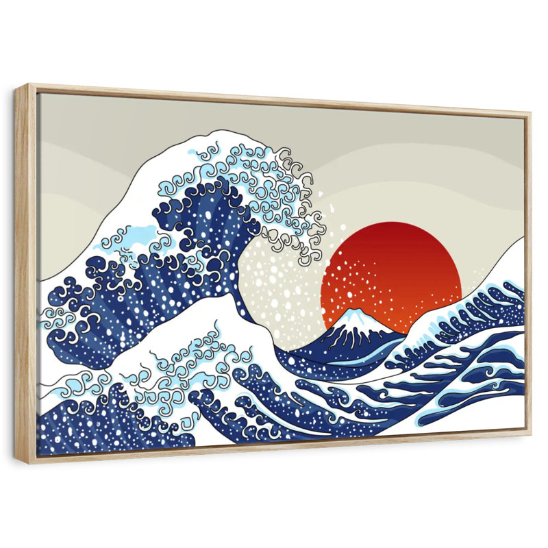 Vague asiatique, 25 po x 17 po, Cadre flottant en bois naturel