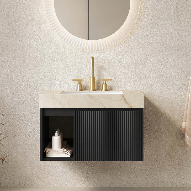 Meuble-lavabo suspendu avec comptoir en pierre frittée couleur crème veinée or et lavabo en céramique, 3 trous pré-percés pour robinetterie