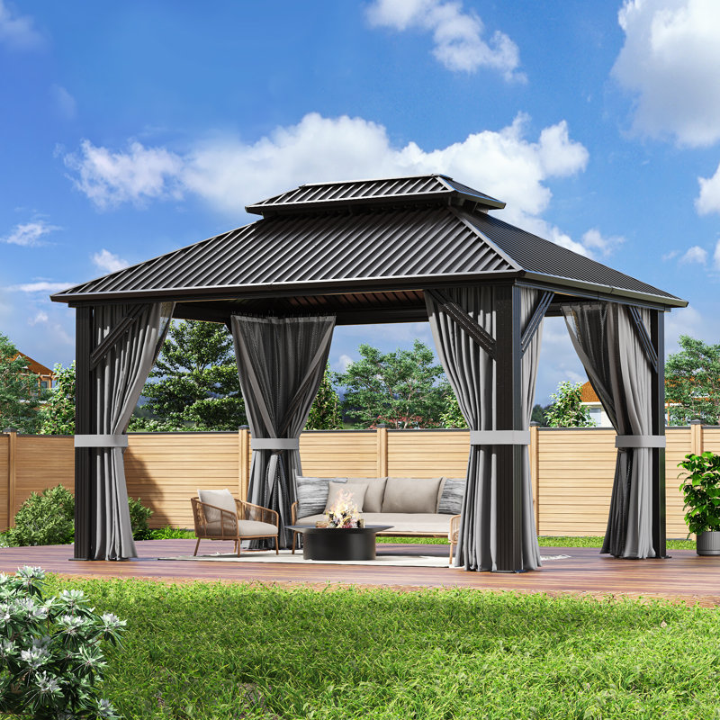 Pavillon de jardin extérieur VIWAT avec toit en acier galvanisé, structure en aluminium, rideaux et filet, 10 x 12 pi