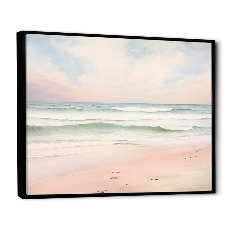 Ocean Tranquility Tender Pink Pastel Sunrise I - Beach Canvas Art Print, 16" H x 32" W, Floater Framed Print, Black