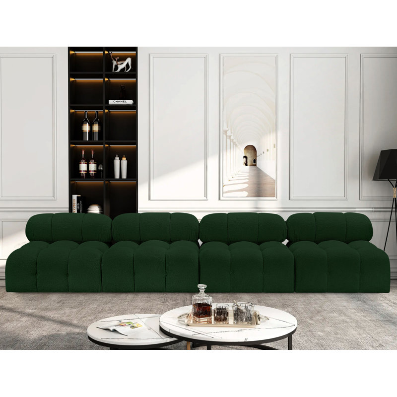 Ames Upholstered Sofa, Green Boucle Fabric, 2 Armless, 2 Ottoman