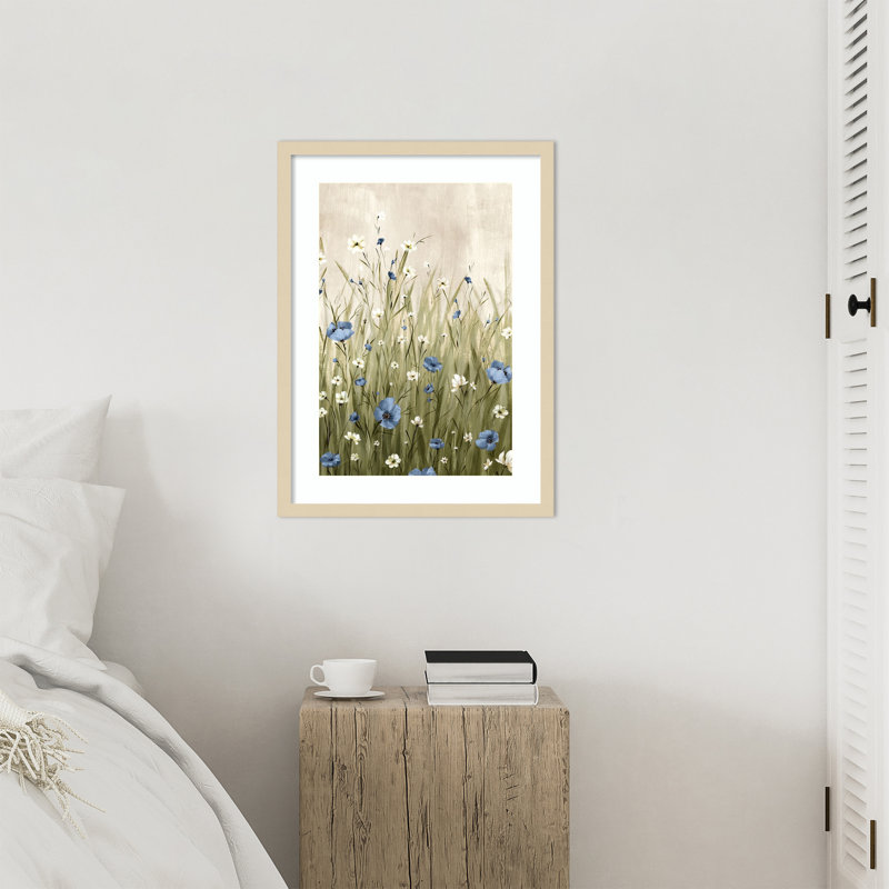 «Blue Blossoms in Gentle Meadow» par Alex Black, impression sur bois encadrée, 25 x 19, Svelte naturel