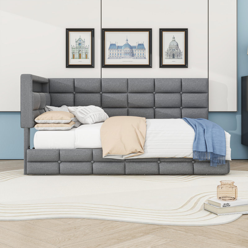 Twin Upholstered Daybed with Charging Station, LED Lights, and Storage Drawers, Gray