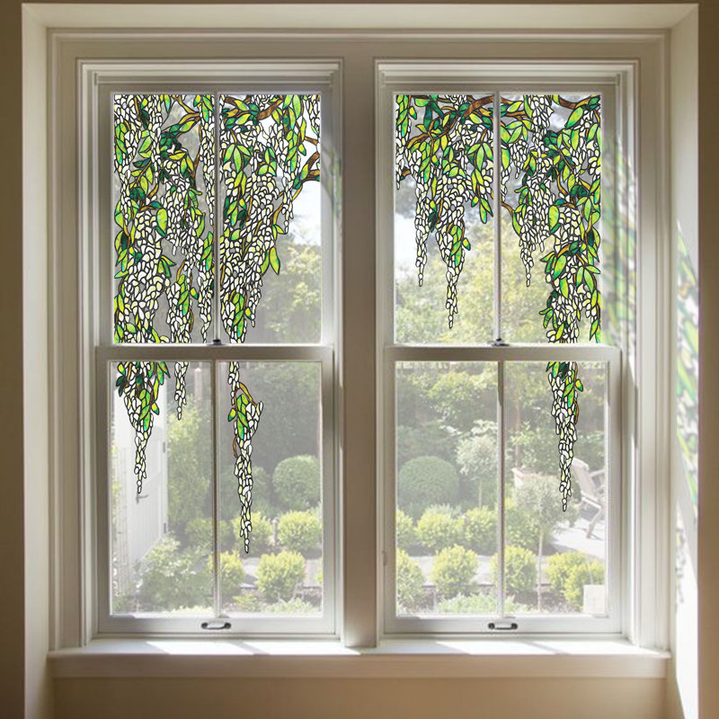 Adhésif décoratif fenêtre de fleurs de glycine blanches peintes à la main