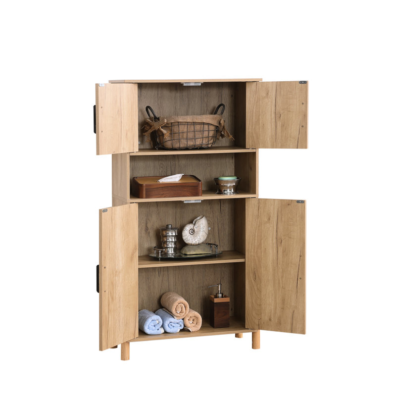 Armoire de rangement Mid-Century moderne à 4 portes avec tablettes tissées et réglables. Convient à une organisation de salon ou de salle à manger. Quatre conceptions efficaces avec tablettes. Organisé