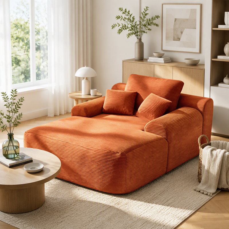Chaise longue convertible sans assemblage avec accoudoirs larges, coussins et velours côtelé moelleux, Tissu orange