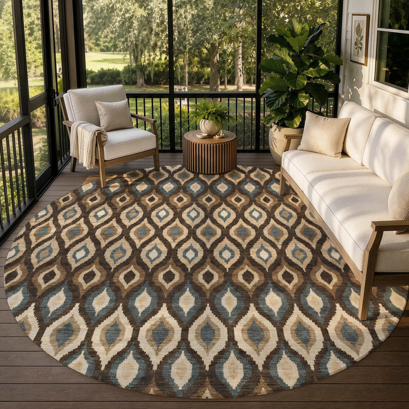 Tapis ikat intérieur / extérieur lavable à la machine Lamanna ACN3122, Café, Rond 8 pi