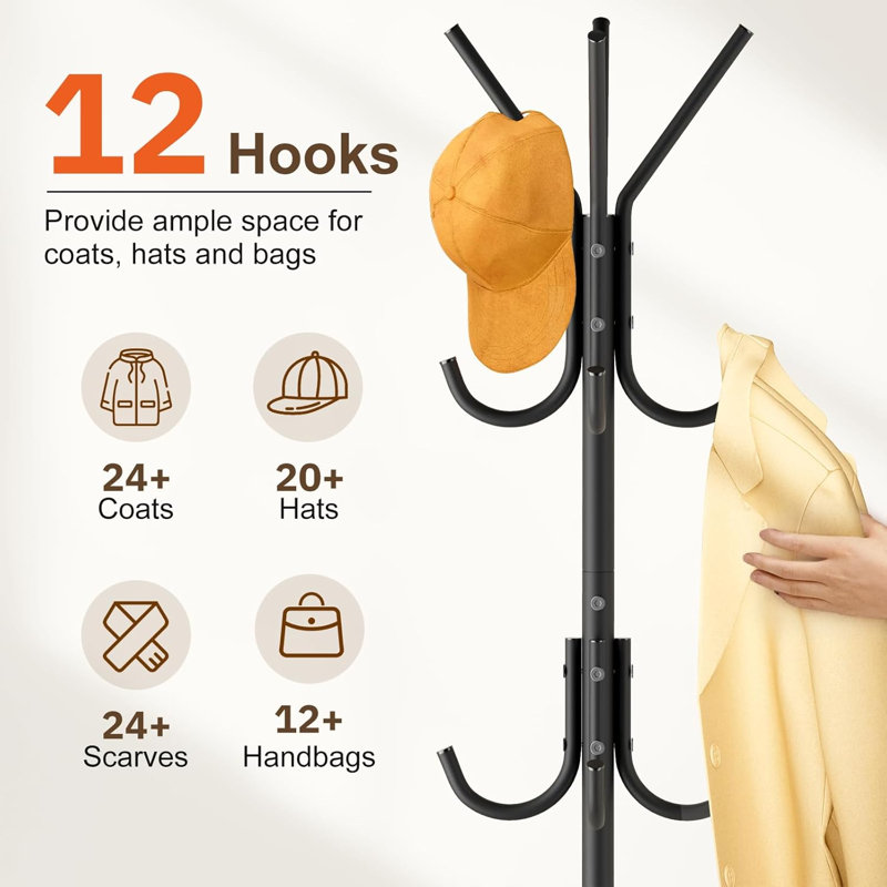 Freestanding Coat Rack with Wood Base Modern Coat Tree with 12 Hooks, Black