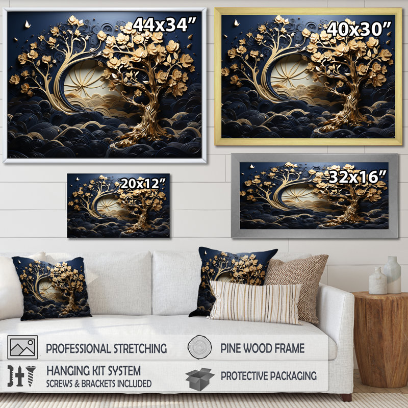 Ambiance côtière dorée et bleue II - arbre, art mural, Cadre flottant doré, H 16 po x l 32 po x P 1 po