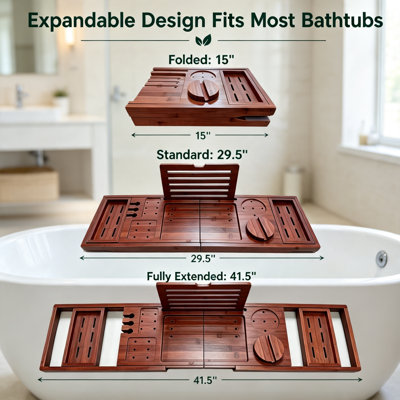 Bamboo Bathtub Tray Expandable Foldable Caddy Walnut