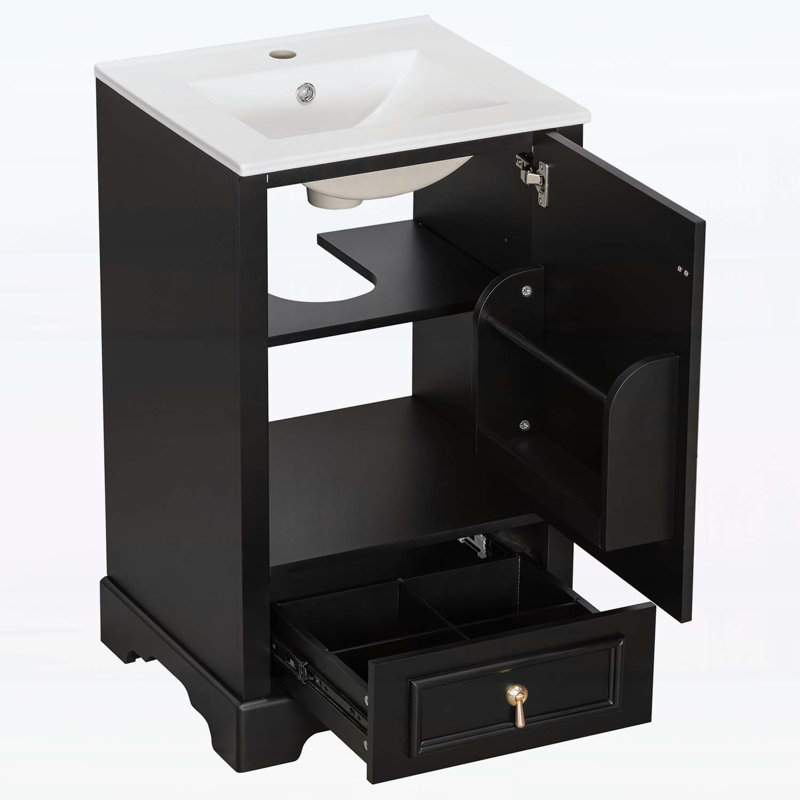 Meuble-lavabo moderne avec lavabo, porte à fermeture douce, tablette réglable en forme de U, Noir