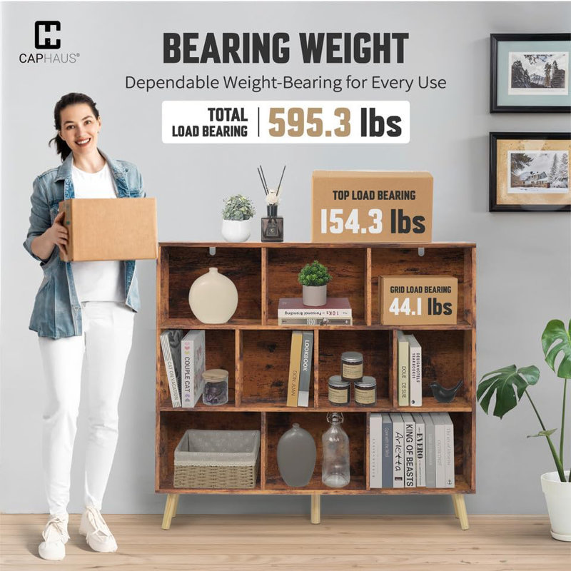 48-Inch Wide 10 Cube 3 Tier Wooden Bookshelf for Living Room, Bedroom, Office, Rustic Oak, Brown, 42.1" H x 47.2" W x 9.4" D