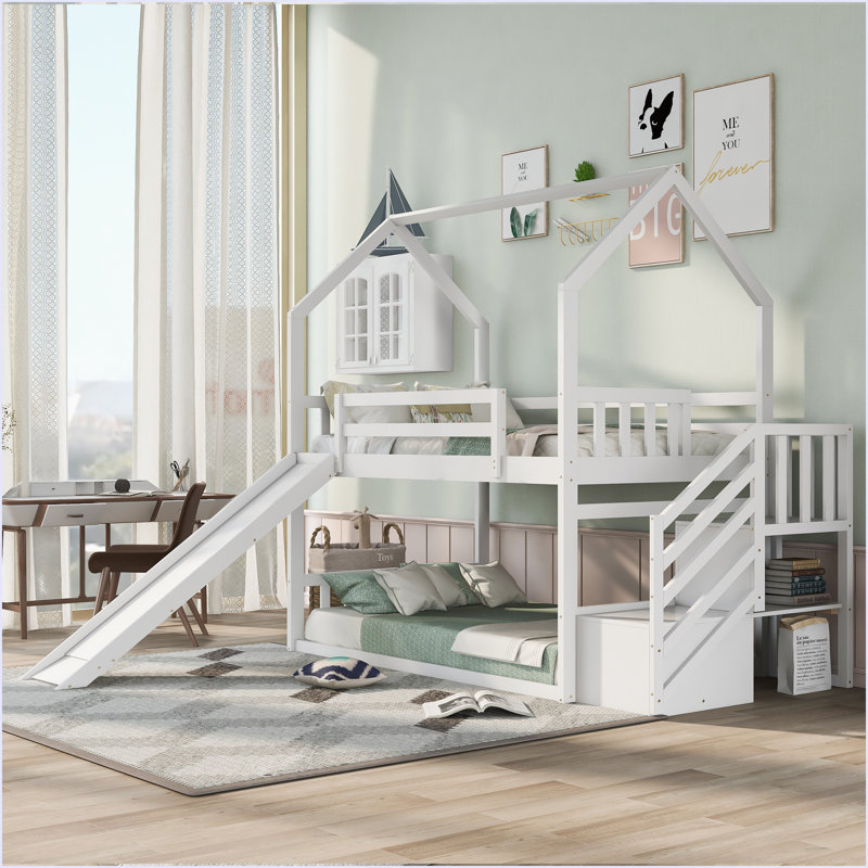 Twin Over Twin House Bunk Bed With Convertible Slide, White