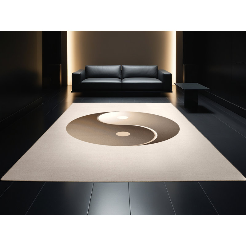 Machine Washable Parlin Yin Yang Symbol Minimalist Rug in Beige – Beige Binding, 7x9
