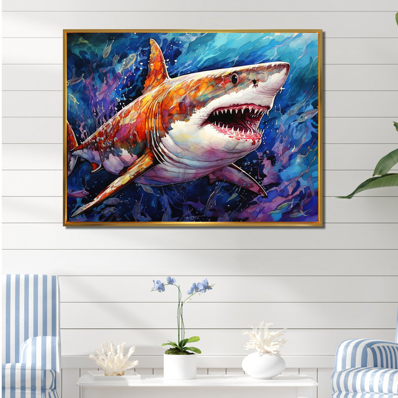 " Shark Haven Under Water Painting II ", Gold Floater Framed, 30" H x 40" W x 1.5" D