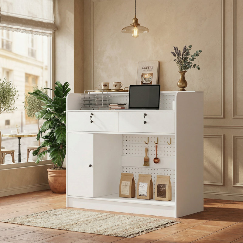 Bureau de réception avec panneau perforé en métal, tiroirs verrouillables et grand rangement