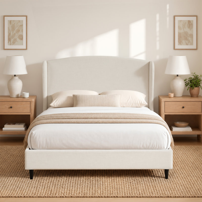 Mikala Wingback Platform Bed Frame, Full, Ivory Canvas