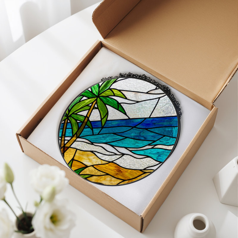 7.8"H Tropical Beach Stained Glass Window Panel, 7.8" H x 7.8" W