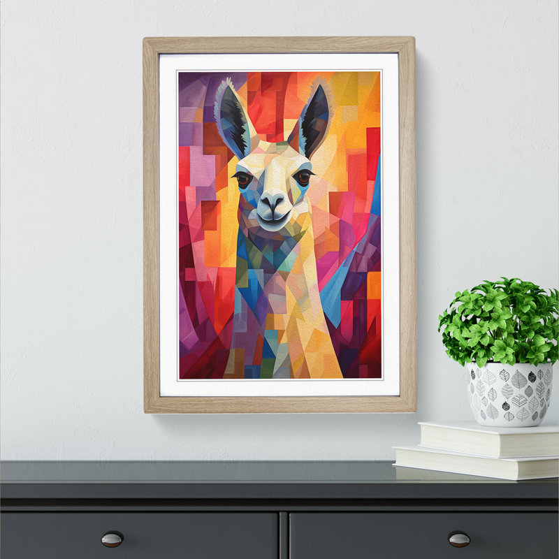 Llama Cubism - Single Picture Frame Print on Wood, 64cm H x 46cm W x 2cm D, Oak Framed