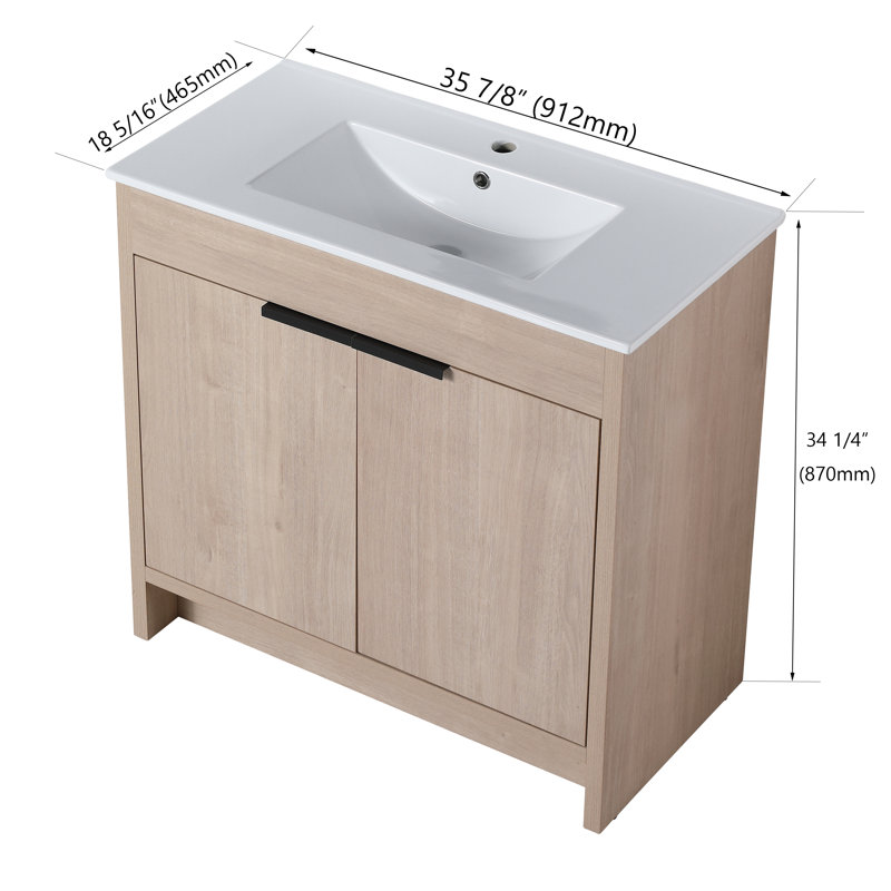 Kinslie 36'' Single Bathroom Vanity with Ceramic Top，2 Soft Close Doors and 1 Adjustable Shelf, Beige