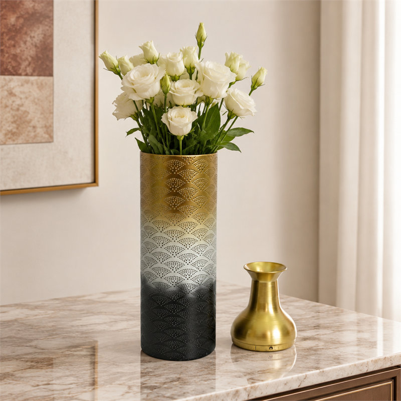 Ensemble de 3 vases de sol en métal avec motif de feuilles, blanc doré